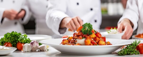 Chefs preparing a delicious gourmet dish in a professional kitchen, showcasing vibrant ingredients and culinary expertise.