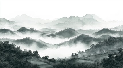 Ink landscapes painting the mountains surrounded by clouds and mist