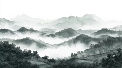 Fotobehang Ink landscapes painting the mountains surrounded by clouds and mist © he