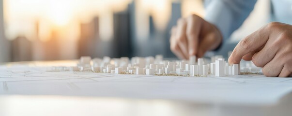 A person examines a detailed architectural model, showcasing creativity and meticulous design under a warm, glowing sunset.