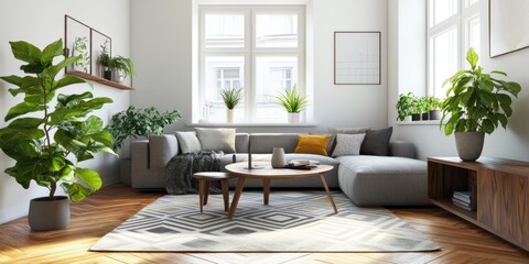 Minimalist Scandinavian interior design. Bright living room with wood floors and potted plants. Bright apartment in Scandinavian style - interior idea