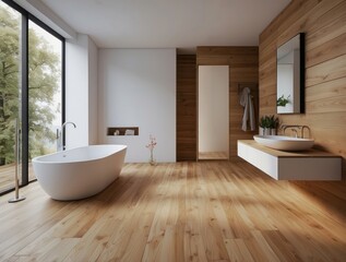 Fototapeta premium Modern Bathroom Interior with Freestanding Tub and Wooden Walls