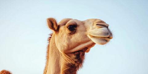 Obraz premium Close-up of a Camel Against a Blue Sky in the Desert