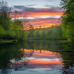 Obraz premium Sunset Serenity: Reflections on the Calm River