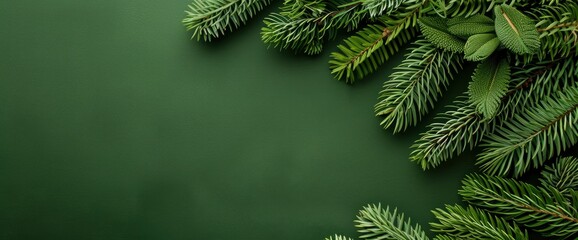 Fototapeta premium Evergreen Branches Border on Green Background