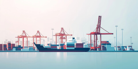 Obraz premium Large Cargo Ship Unloading Containers at Industrial Port with Red Cranes During Daytime