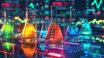 Four brightly lit chemical flasks with colorful solutions are placed in a modern laboratory with data analysis graphs in the background.