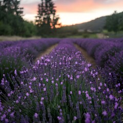 Naklejka premium Lavender Dreams: Sunset Over a Purple Field.