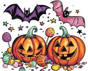 Cartoon pumpkins, bats, and candies, rendered in vibrant colors on white, high resolution.