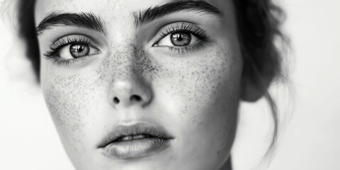 Obraz premium Close-Up Black and White Portrait of Woman with Freckles and Intense Eyes