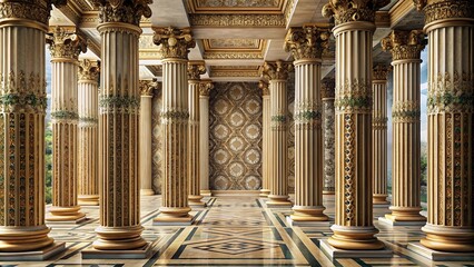 Fototapeta premium Towering pillars adorned with intricate patterns exuding timeless elegance and classical sophistication