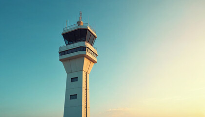 A detailed view of an air traffic control tower set against a clear blue sky