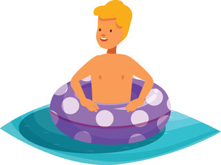 Young boy is enjoying his summer day, floating on a purple inflatable ring in a refreshing swimming pool