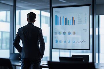Businessman analyzing data on presentation screen in office.