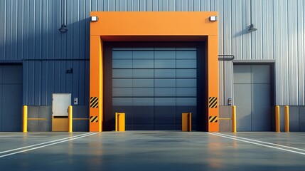 Modern storage facility building exterior with closed orange gate at sunset