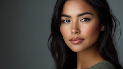 Fototapeta premium A studio headshot portrait of a young woman in her mid-twenties. Her expression should be warm yet neutral and professional, suitable for acting headshots and casting calls. 
