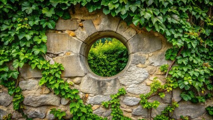 "A photo image of a worn stone wall with a circular hole partially filled with a lush green vine"