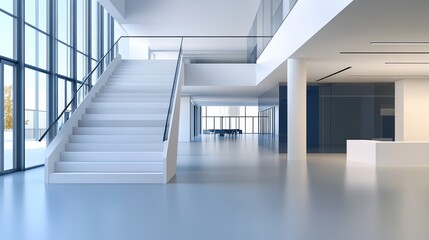 Obraz premium Modern minimalist office lobby with staircase, large windows and a clean, sleek design.
