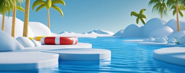 Obraz premium Palm trees and a life preserver on a pristine white beach with a turquoise lagoon.