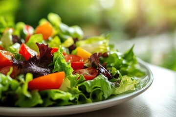 Fresh mixed green salad on sunny table