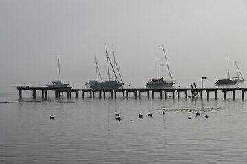 some sailing boats in the backlight on Lake Ammersee in the morning mist