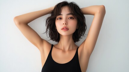 A white-skinned woman, 28 years old. Beautiful Korean woman with shoulder-length hair and short bob hairstyle wearing a black tank top shows her armpits and poses for a photoshoot, 