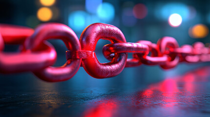 Close-up view of a shiny red chain under dramatic lighting