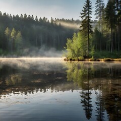 A morning in the forest, with a lake and sunrays.