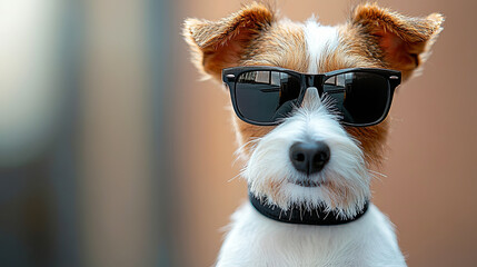 A dog wearing sunglasses poses confidently outdoors on a sunny day