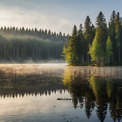 Fototapeta premium A morning in the forest, with a lake and sunrays.