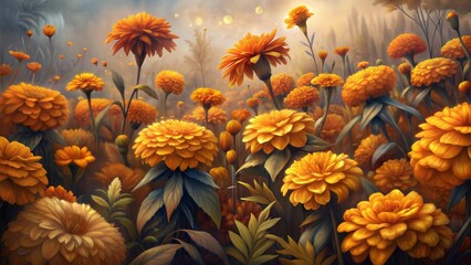 Fototapeta premium Field of Vibrant Marigold Flowers Blooming in a Misty Autumn Morning