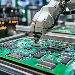 A robotic arm assembling circuit boards in an electronics factory.