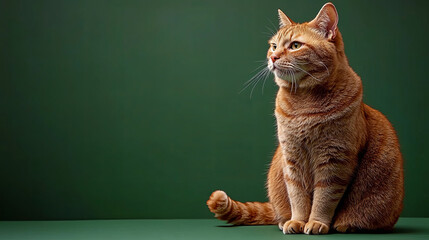 Orange cat sitting gracefully on a green surface, showcasing its alert posture and soft fur