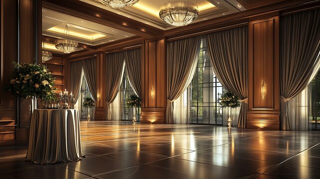Grand Ballroom Elegance: A symphony of light and texture in an opulent ballroom, poised for a grand event, exuding timeless sophistication and grandeur. 