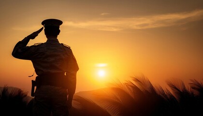 The silhouette of a soldier saluting at sunset, symbolizing respect, military honor, and patriotism against a peaceful evening sky