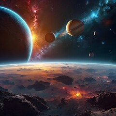 Inclined planets amidst glowing nebulae.