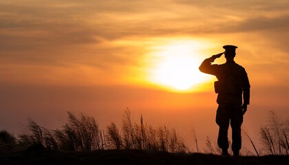 The silhouette of a soldier saluting at sunset, symbolizing respect, military honor, and patriotism against a peaceful evening sky
