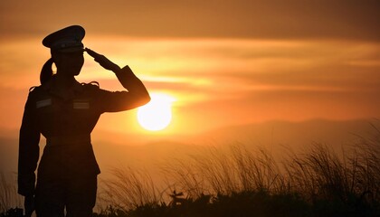The silhouette of a soldier saluting at sunset, symbolizing respect, military honor, and patriotism against a peaceful evening sky
