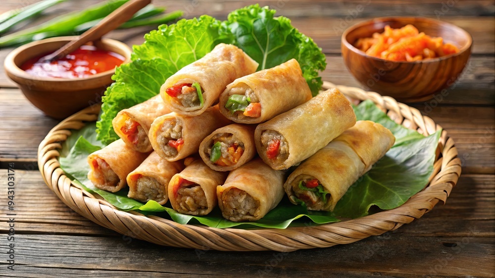 Wall mural crispy vietnamese spring rolls filled with pork and vegetables, deep fried to perfection