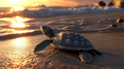 Turtles on the beach at sunset