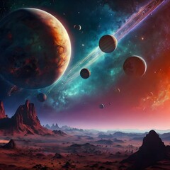 Inclined planets amidst glowing nebulae.