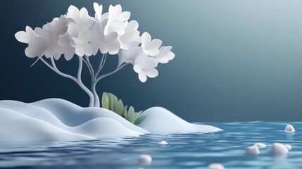 A single tree with white blossoms stands on a snow-covered island in a tranquil blue water.