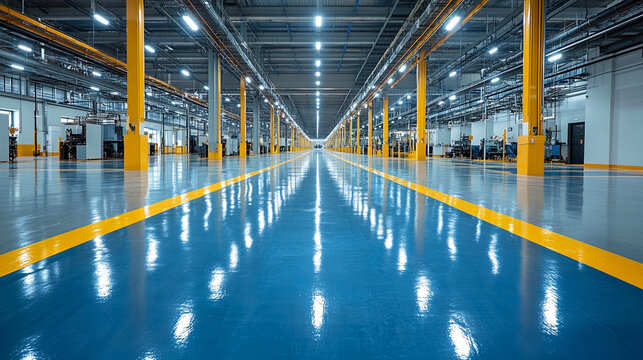Modern industrial warehouse with polished flooring and bright lighting in a spacious facility