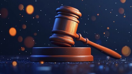 A wooden gavel rests on a block, with a blue and orange bokeh background.  The image symbolizes justice and law.