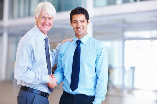 Employees, shaking hands and welcome to office portrait, support and promotion congratulations. Business people, partnership and b2b thank you at work, onboarding and greeting introduction in meeting
