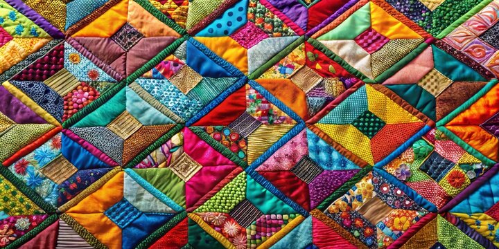 A vibrant tapestry of colorful fabric patchwork stitched together in a geometric pattern, with intricate details and texture, telling a story of creativity and craftsmanship.