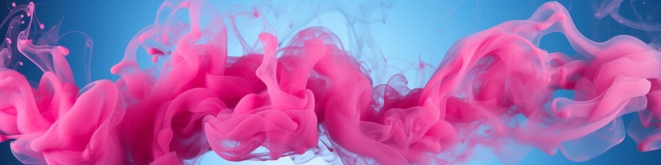Obraz premium Ethereal Pink Smoke on Blue Background: Abstract Art for Creative Marketing and Advertising. Bold Color Spots with Resin-like Texture, Juxtaposed Imagery, and Hyper-Realistic Details. Elegant Minimali