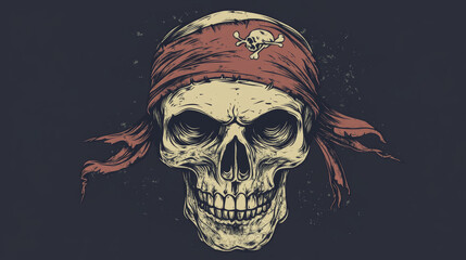 Menacing pirate skull wearing a bandana, designed for tattoo or t-shirt graphics.