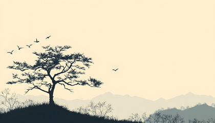 Silhouettes of trees, mountains, or birds in a single color against a plain background