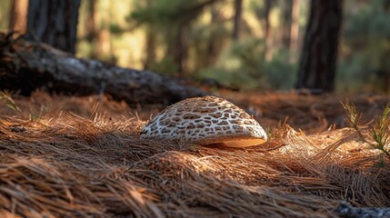 Obraz premium A matsutake mushroom rests on a bed of pine needles in a forest setting.